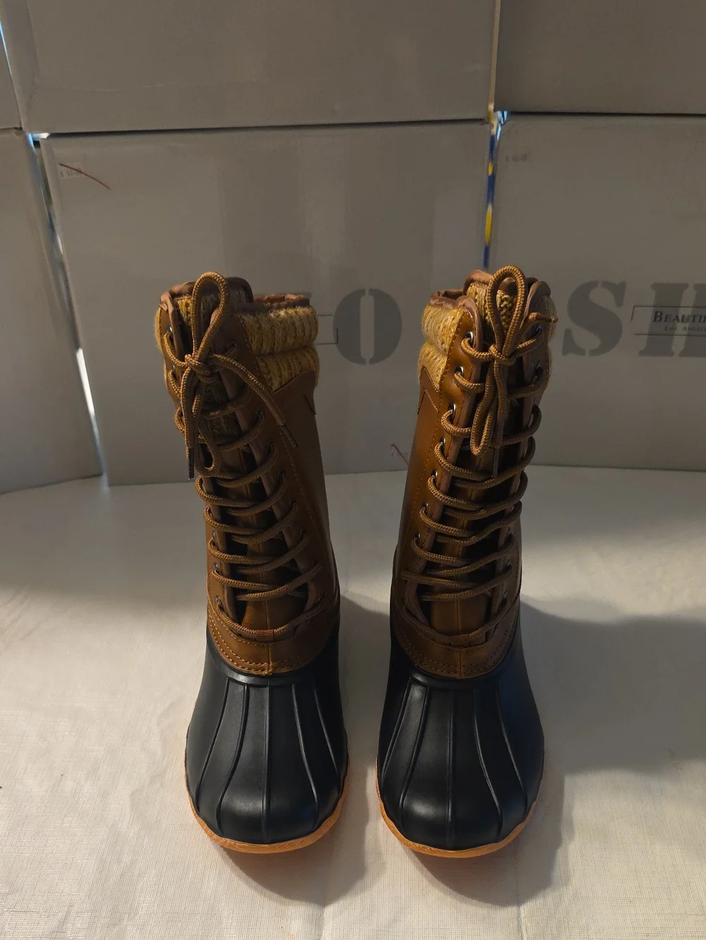 Women's Cognac and Black Insulated Lace-Up Winter/Rain Duck Boots